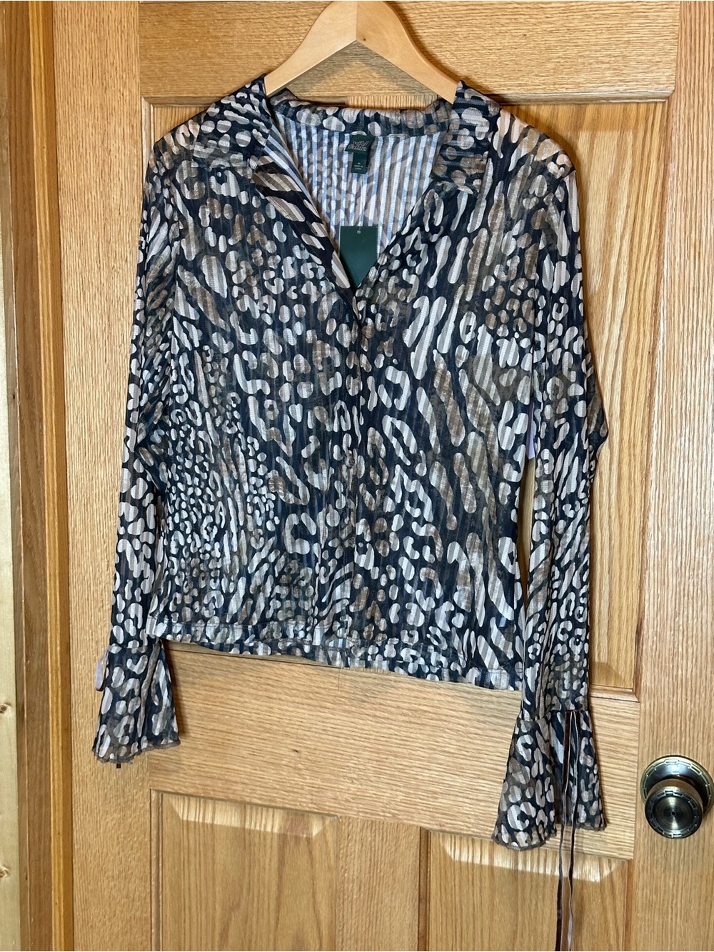 Wild Fable Sheer Animal Print Long Sleeve Button Down Brown Blouse Top medium